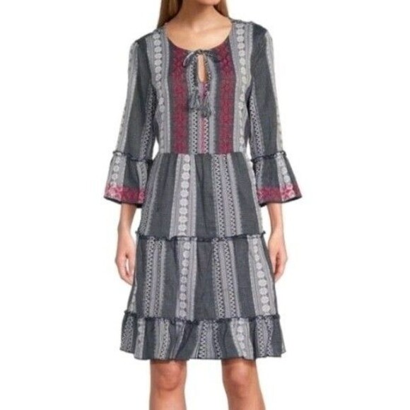 John Mark Dress Size L Embroidered Neck Tie Tier Ruffles 100% Cotton - Picture 1 of 11